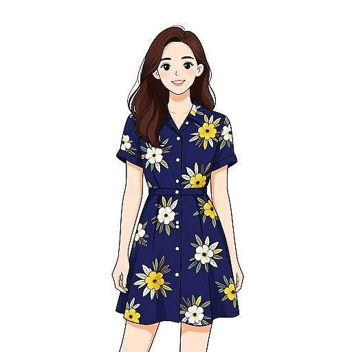 Digital illustration of a smiling woman with long brown hair, wearing a navy blue floral dress with white and yellow daisies, standing against a white background