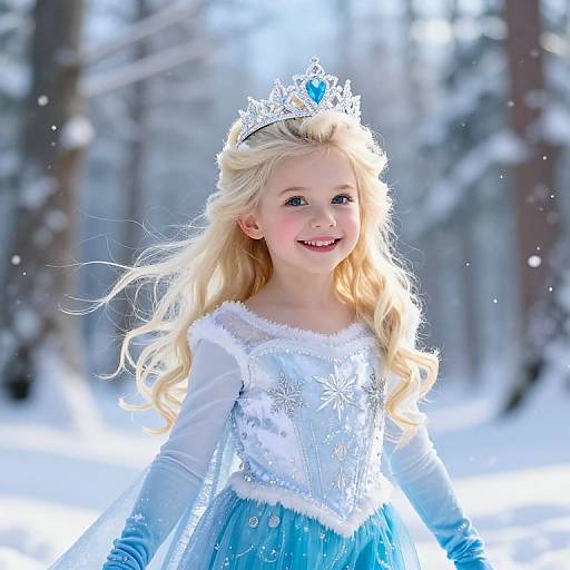 Photograph of a smiling blonde girl with long hair, wearing a silver tiara, blue and white Elsa-inspired dress, in a snowy forest.