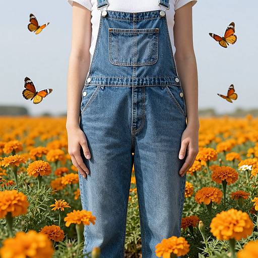 Photograph of a person wearing blue denim overalls and white shirt standing in a vibrant orange marigold field with four orange butterflies flying around.