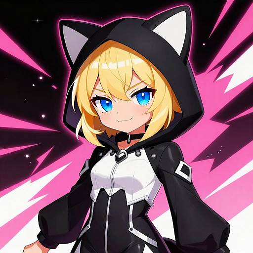 Anime-style digital drawing of a blonde girl with blue eyes wearing a black cat-ear hooded jacket, white shirt, black sleeves, against a dynamic