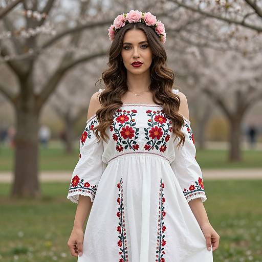 Photograph of a young woman with long wavy brown hair, wearing a white floral off-shoulder dress and pink flower crown, standing in a