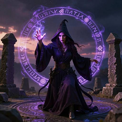 Mystical witch in dark robe casts glowing purple magic circle on ancient stone graveyard at sunset, ethereal purple light illuminates her.