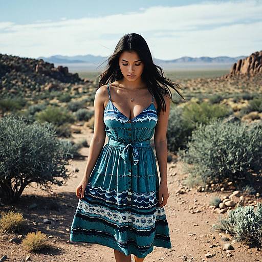 Woman in Blue Abstract Print Sundress in Desert