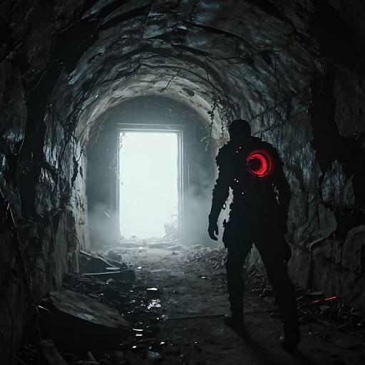 Silhouetted figure with glowing red shoulder device walks through dark, wet, tunnel towards bright, white-lit exit in digital artwork.