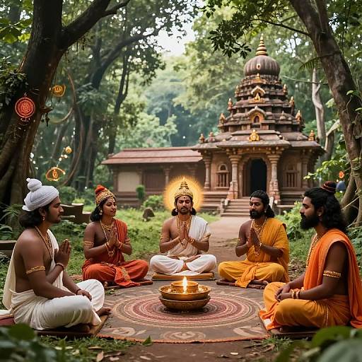 Photograph of five Hindu priests in traditional orange and white attire, meditating around a lit oil lamp in a forest, with a detailed temple in the
