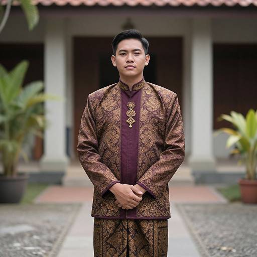 Photograph of a young Asian man with short black hair, wearing an ornate brown and gold traditional Baju Melayu with intricate patterns, standing