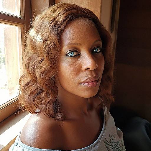 Photograph of an African-American woman with wavy auburn hair, blue eyes, and light brown skin, wearing a white off-shoulder