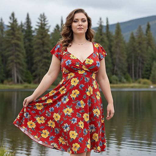 Curvy Woman by Lake in Floral Dress