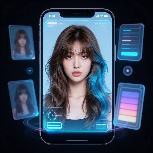 Digital CGI image of a young Asian woman with long, wavy black hair on a glowing smartphone screen, surrounded by blurred, translucent photo frames. Blue