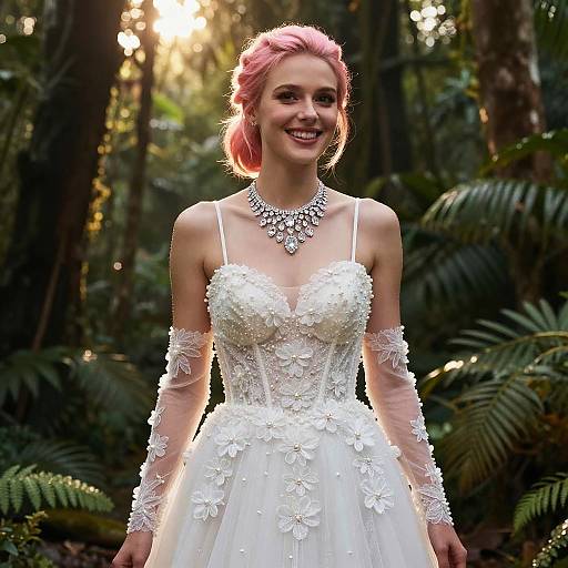 Bride in White Floral Embellished Wedding Dress in Rainforest