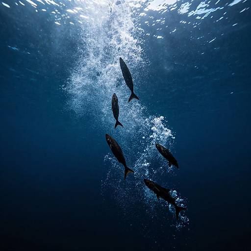 Photograph of six dark silhouetted fish swimming upward through a bright, sunlit bubble trail in deep blue underwater.