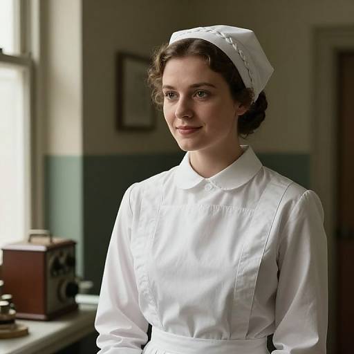 Photograph of a young woman with fair skin, brown curly hair, wearing a white nurse's uniform and cap, standing in a sunlit room with