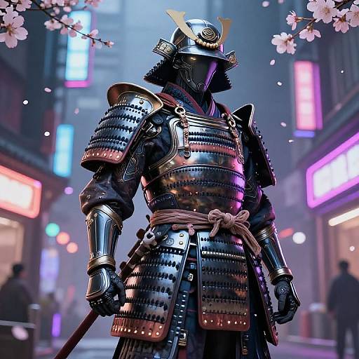 Photorealistic CGI of a samurai in shiny black armor standing in a neon-lit Japanese street, cherry blossoms overhead, blurred pedestrians in background
