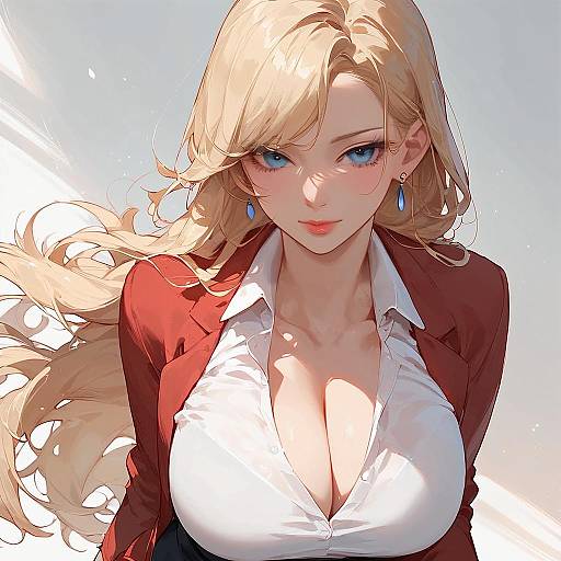 Digital anime-style drawing of a blonde woman with blue eyes, wearing a red blazer, white unbuttoned shirt revealing large breasts, and blue earrings