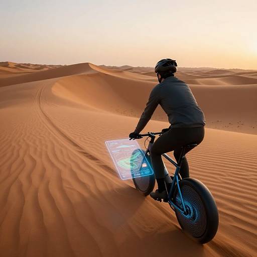 Silhouetted cyclist wearing helmet, gray shirt, black pants rides through golden desert sand dunes at sunset, holding illuminated tablet.