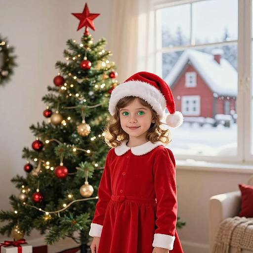 Young Girl by Festive Christmas Tree