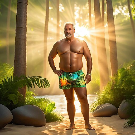 Mature man in swim shorts in tropical forest