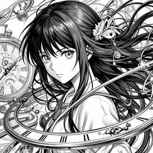 Black-and-white anime-style drawing of a serious, long-haired girl surrounded by intricate clockwork gears and Roman numerals, creating a steampunk aesthetic