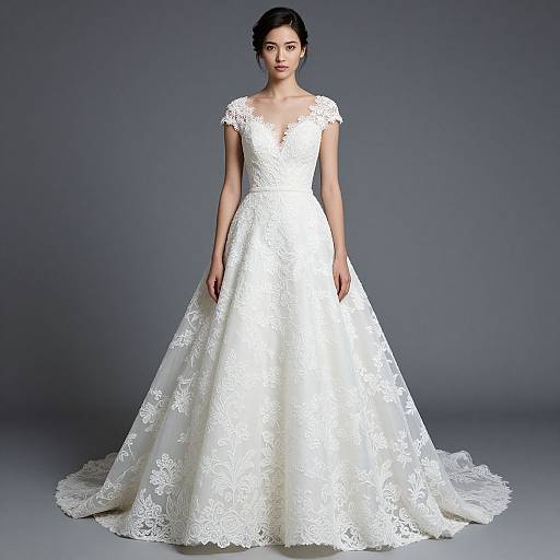Photograph of a woman with dark hair in an elegant white lace wedding dress with cap sleeves, standing against a grey background.