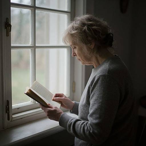 Photograph of an elderly woman with short, curly grey hair, wearing a grey sweater, reading a book by a sunlit window.