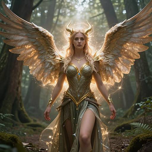 Digital artwork of an ethereal, blonde angelic woman with glowing horns, golden wings, and a metallic, bejeweled gown, standing in