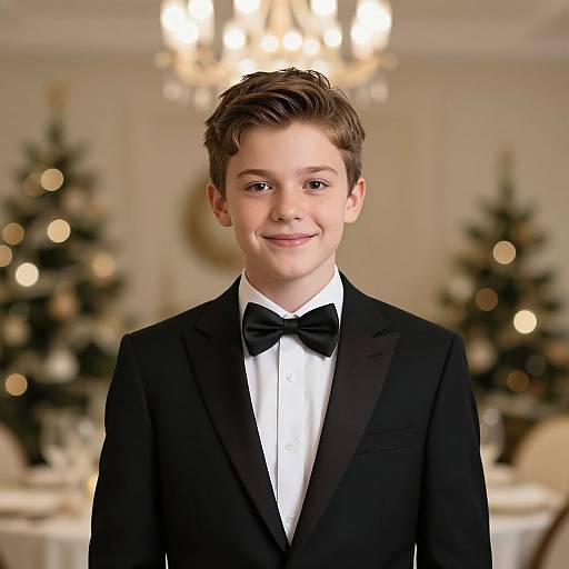 Photograph of a young boy with light skin and brown hair, wearing a black tuxedo with a bow tie, smiling in a warmly lit room