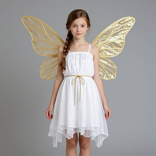 Photograph of a young girl with long brown hair in a braid, wearing a white sleeveless dress and gold glitter fairy wings, standing against a