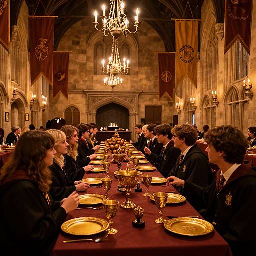 Photograph of a formal dinner in a grand, dimly lit Gothic hall with chandeliers, students in dark robes, gold plates, and gob