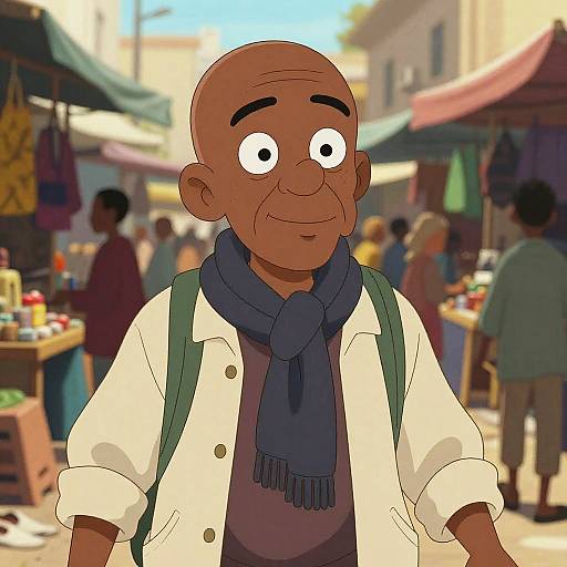 Cartoon-style drawing of a bald, dark-skinned man with wide eyes, wearing a white shirt, blue scarf, and green backpack, standing in