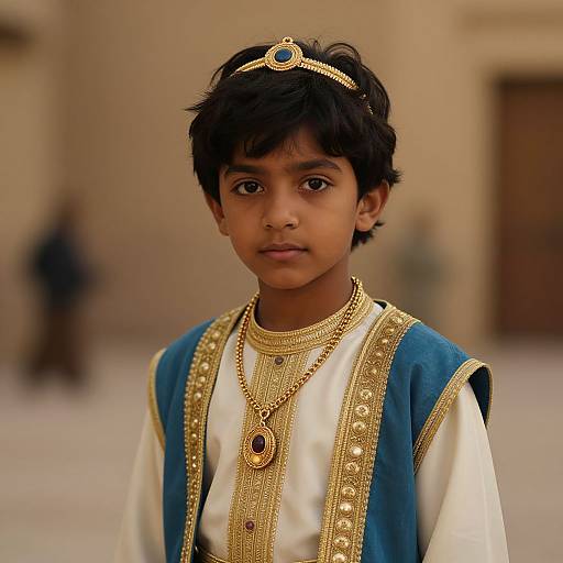 Photograph of a young Indian boy with dark hair, wearing a blue and gold royal attire, ornate necklace, and headpiece, standing in a