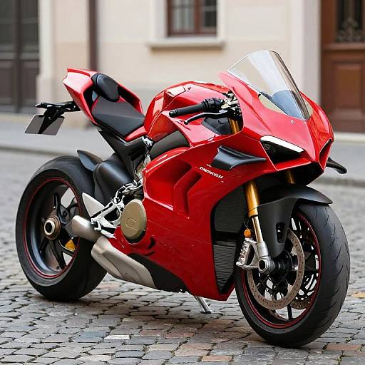 Photograph of a vibrant red Ducati sport motorcycle with black accents, gold engine cover, and yellow suspension, parked on a cobblestone street with
