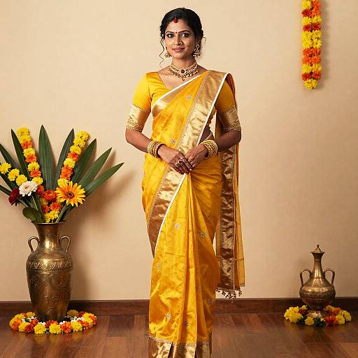 Woman in Traditional Yellow Sari for Onam Festival
