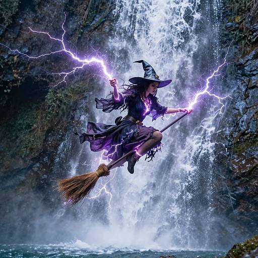 Magical witch in black attire and hat, flying on broomstick, surrounded by purple lightning, in front of a powerful waterfall. Digital art.