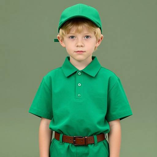 Photograph of a young blonde boy with fair skin, wearing a green polo shirt, green cap, brown belt, and green pants, against a solid