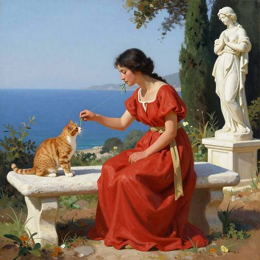 Serene Woman Feeding Cat by Sea