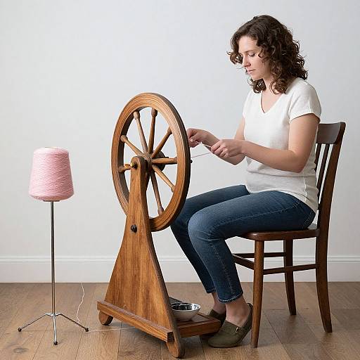 Woman Spinning Yarn on Wooden Wheel
