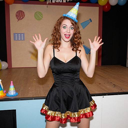 Photograph of a curly-haired woman in a black dress with red and gold trim, blue party hat, and surprised expression, standing on stage with colorful