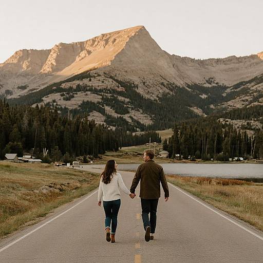 Photograph of a couple holding hands, walking down a road towards a sunlit mountain range, surrounded by forest and a lake.