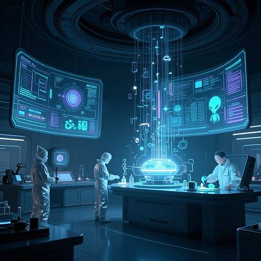 Photograph of a futuristic, blue-lit laboratory with three scientists in white lab coats working around glowing holographic displays and a central floating orb.