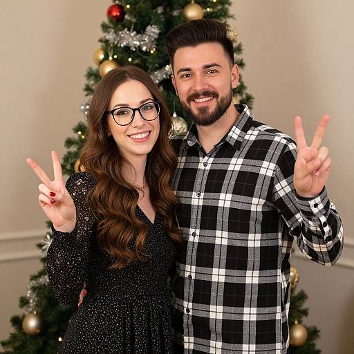 Photograph of a smiling couple with long brown hair, glasses, and beards, posing in front of a decorated Christmas tree, both flashing peace signs