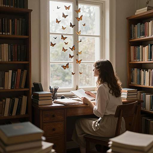 Photograph of a woman with long brown hair, white blouse, and beige skirt, writing at a wooden desk by a sunlit window, surrounded by