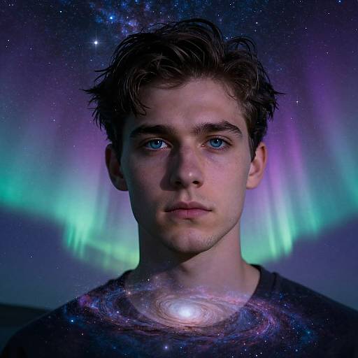 Photograph of a young man with blue eyes, short brown hair, and a serious expression, set against a cosmic background with auroras and a galaxy