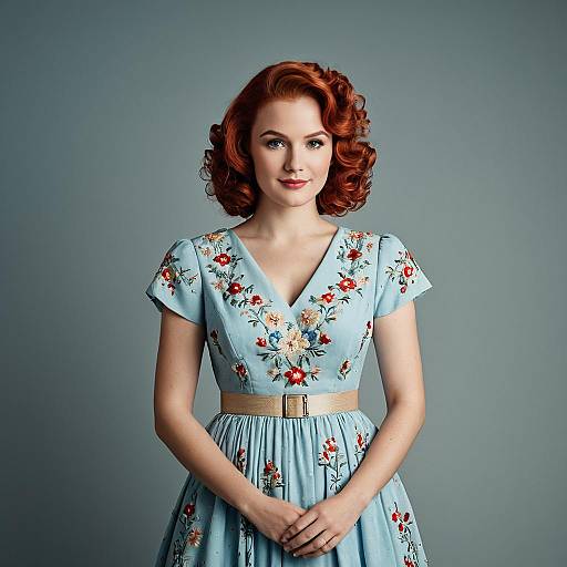 Vintage Style Red Haired Woman in Blue Floral Dress