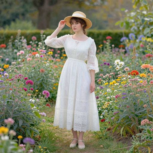 Photograph of a fair-skinned woman in a white lace dress and straw hat, standing in a vibrant, colorful garden path.