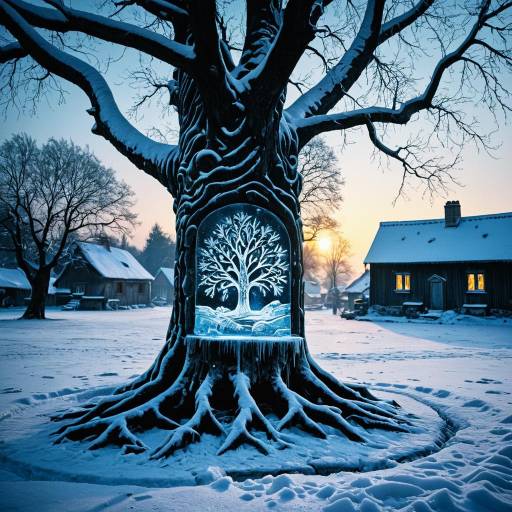 Ice Carving on Tree in Snowy Village at Dawn Ice Carving on Tree in Snowy Village at Dawn