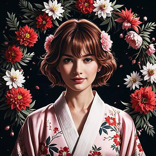 Serene Anime Woman in Floral Kimono