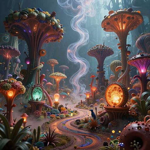 Digital fantasy artwork of a vibrant, luminescent forest with glowing mushrooms, twisting paths, and swirling mist, illuminated by colorful orbs.