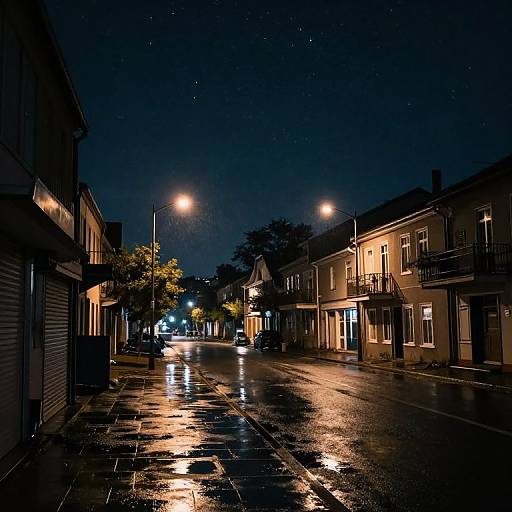 Photograph of a wet, dark urban street at night with glowing streetlights, reflecting on the pavement, and illuminated, two-story buildings on either side