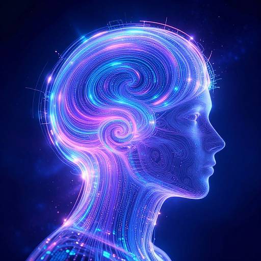 Digital art of a glowing, neon blue and purple humanoid profile with intricate, swirling light patterns in the hair and face against a dark background.