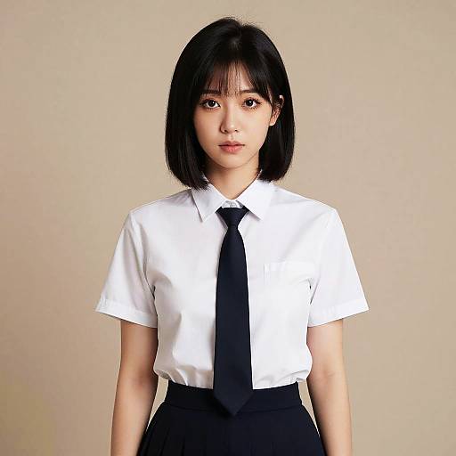 Photograph of an Asian woman with straight black hair, wearing a white short-sleeve shirt, black tie, and black skirt, against a plain